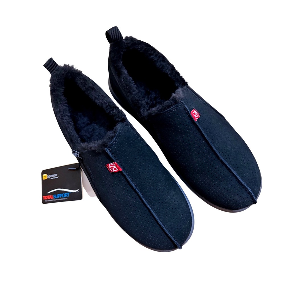 Spenco Supreme Suede Mules Mens 9 Black Faux Fur Lined Total Support Slippers